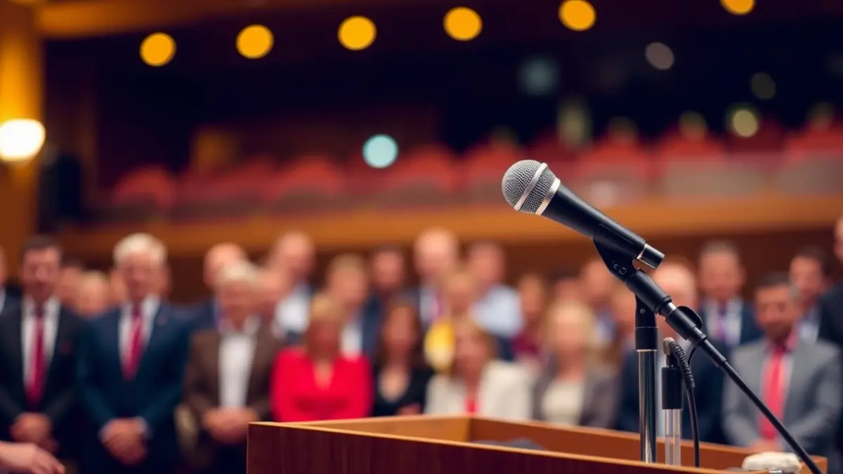 Imatge genèrica d'un micròfon en un faristol, simbolitzant un acte polític o assemblea.