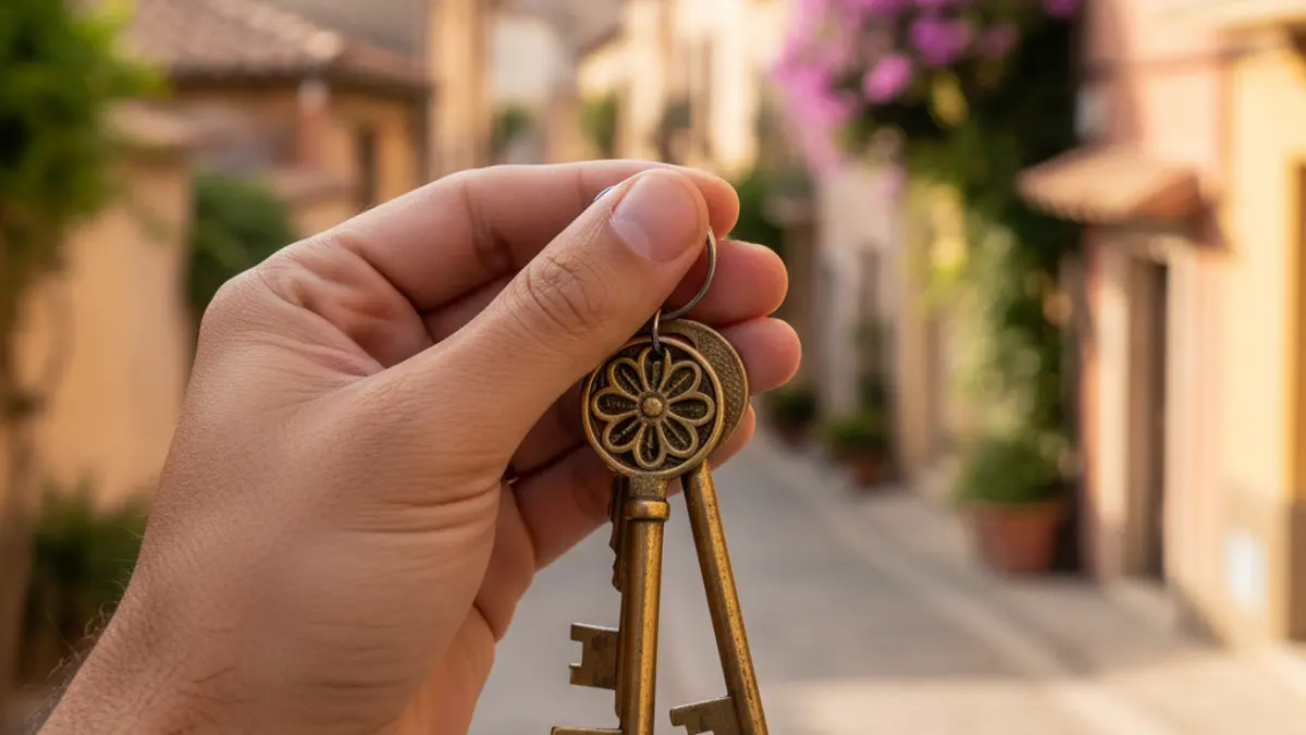 Generic image of house keys in hand, with a blurred residential background.