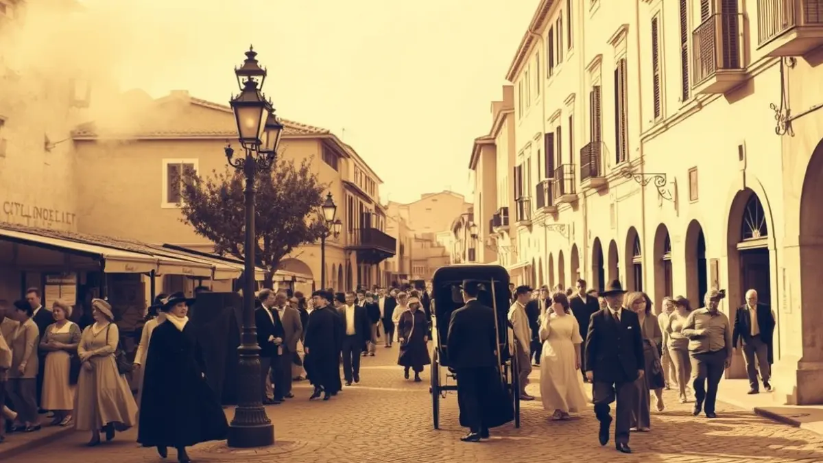 Imatge antiga del carrer de Sant Pere de Terrassa, amb gent vestida d'època i un carruatge.