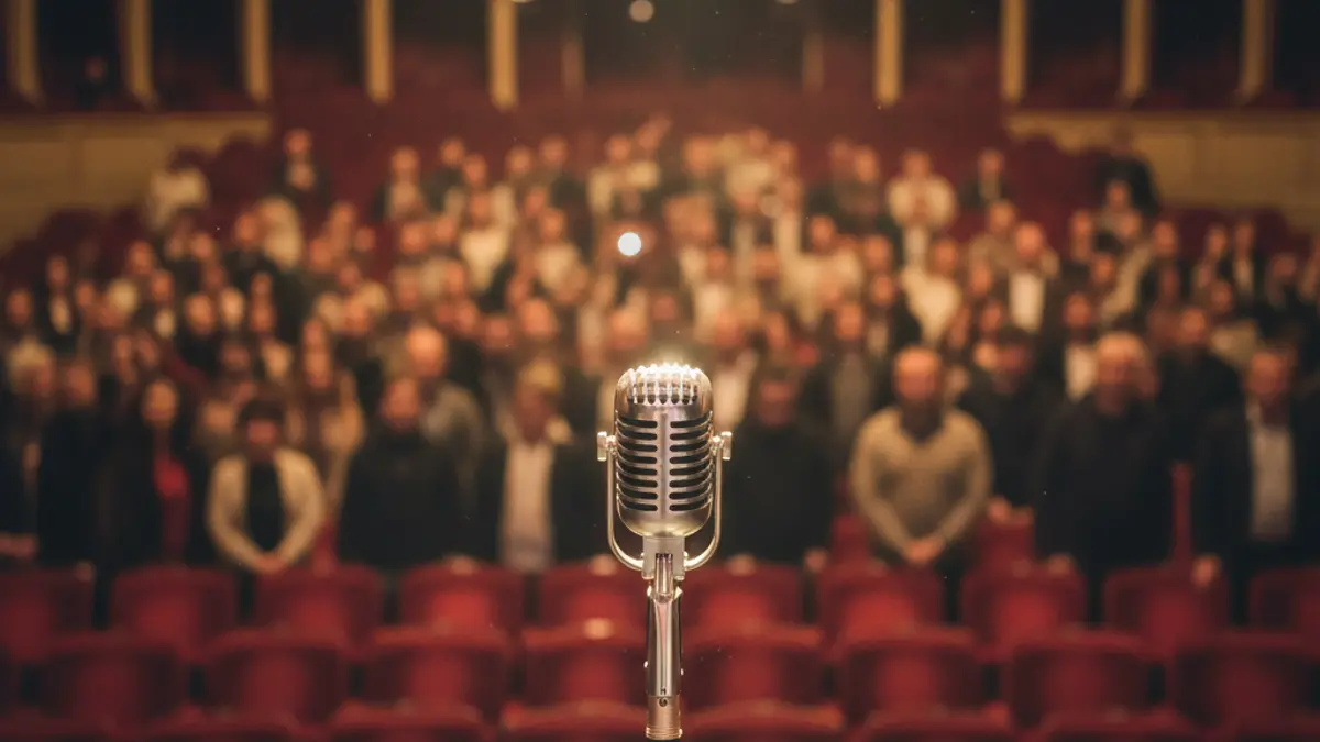 Generic image of a microphone on a concert stage.