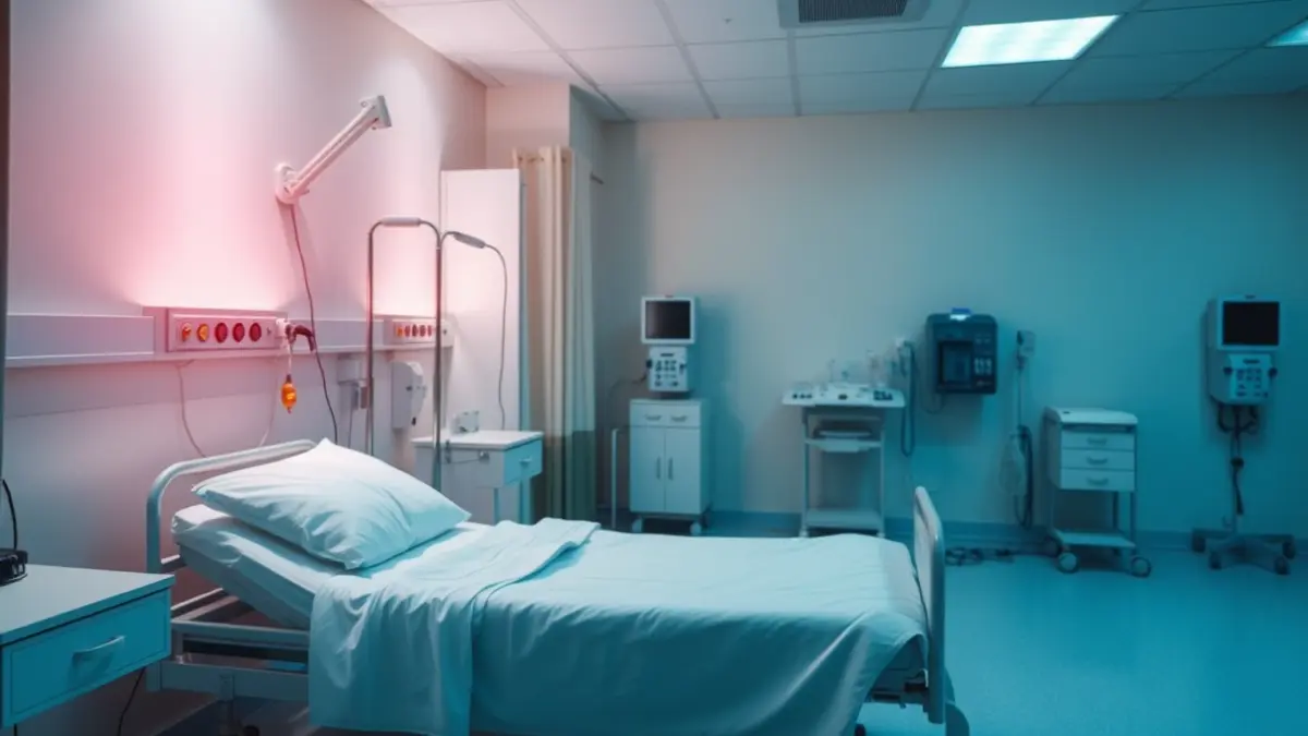 Imagen genérica de una habitación de hospital, con una cama y equipamiento médico.