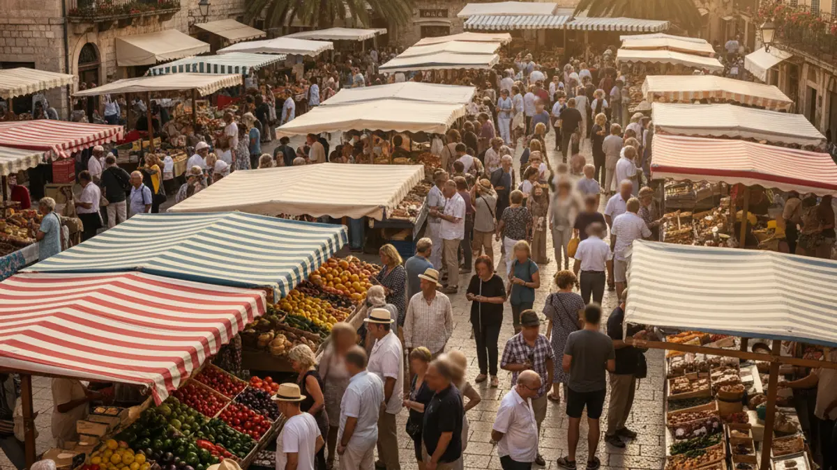 Imatge genèrica d'un mercat setmanal amb parades d'alimentació i gent comprant.