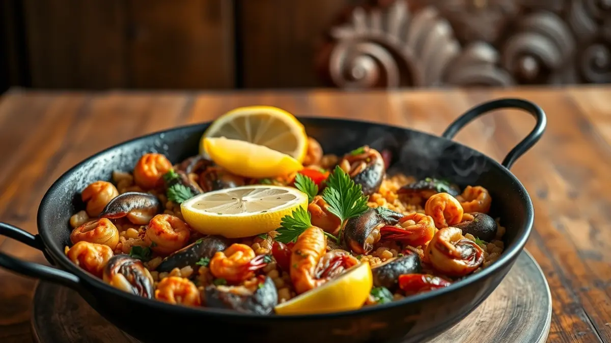 Imatge d'un plat d'arròs mariner amb marisc i llimona.