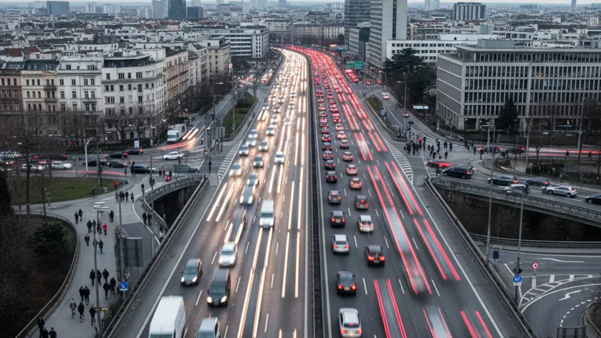 Aerial image of a highway with heavy traffic during morning rush hour.