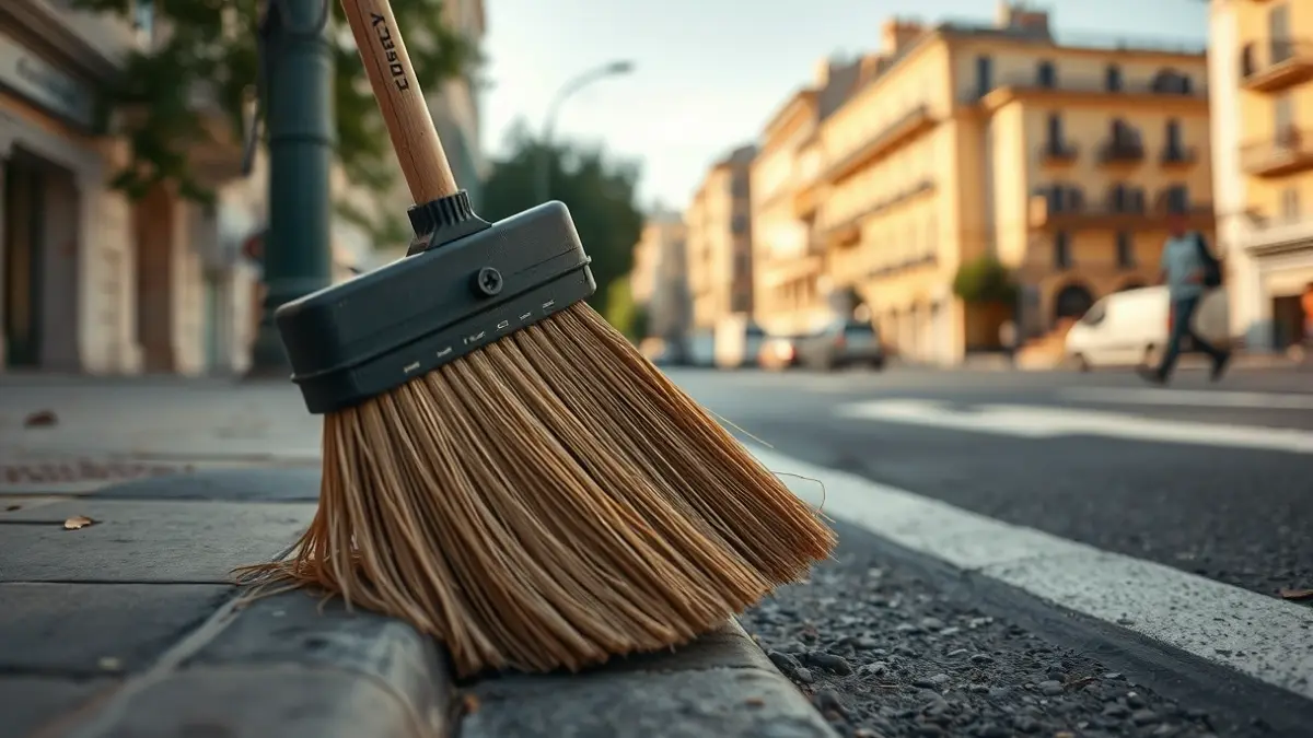 Imagen genérica de una escoba de limpieza urbana apoyada en una acera.