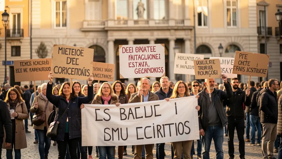 Imagen genérica de docentes manifestándose frente a un edificio oficial.