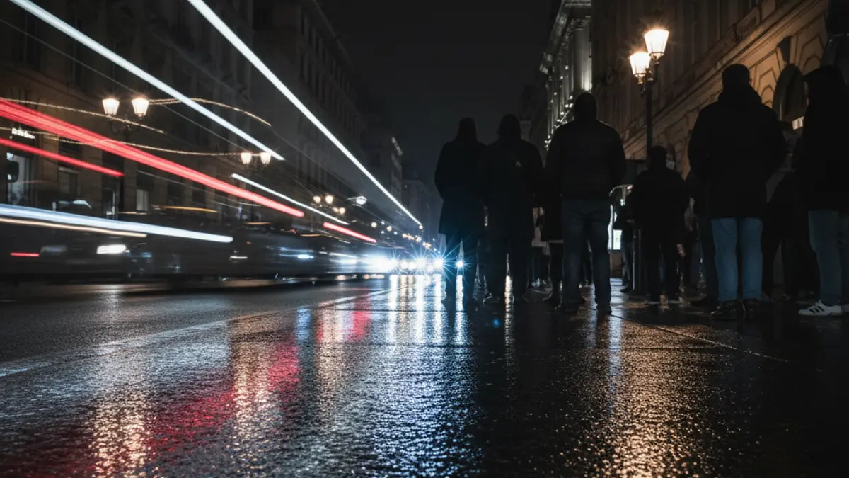 Generic image of emergency lights reflecting on wet asphalt in a city.