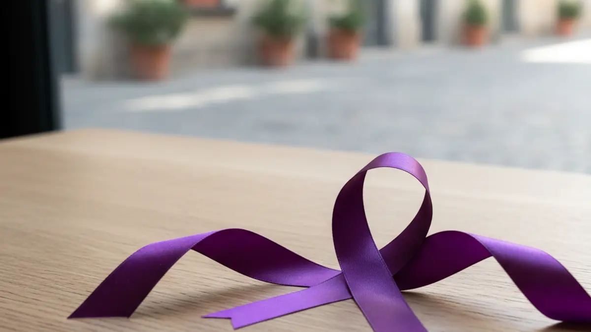Imatge genèrica d'un llaç morat, símbol de la fibromiàlgia, sobre una superfície de fusta.