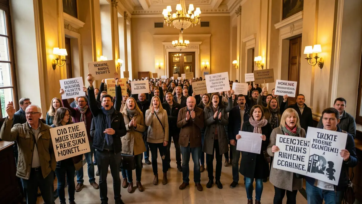 Imatge genèrica de manifestants defensant drets d'habitatge en un edifici públic.