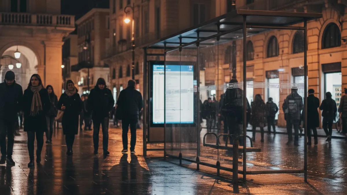 Generic image of an empty bus stop at night with warm streetlights.