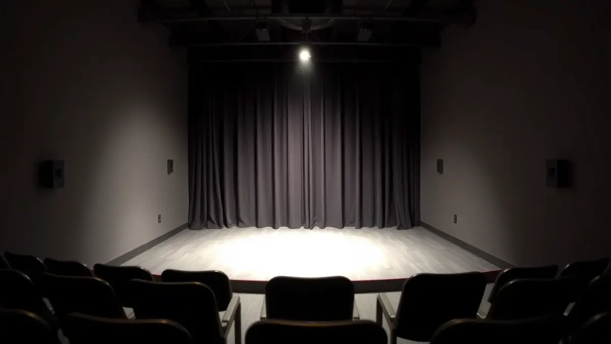 Imagen genérica de un escenario de microteatro con un foco y sillas vacías.