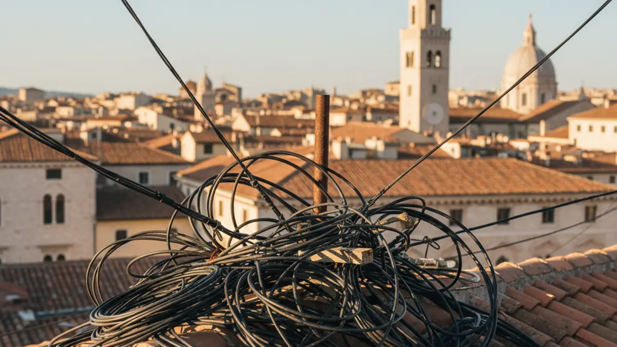 Imatge de cables de telèfon en un terrat amb la ciutat de fons.