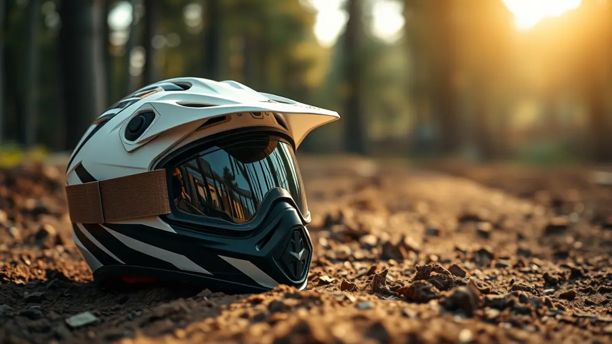 Imagen genérica de un casco y gafas de motocross en una pista de tierra.
