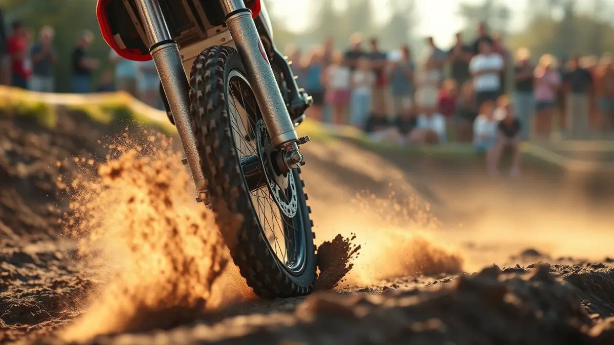 Imatge d'una roda de moto de motocròs aixecant terra en una pista d'obstacles.