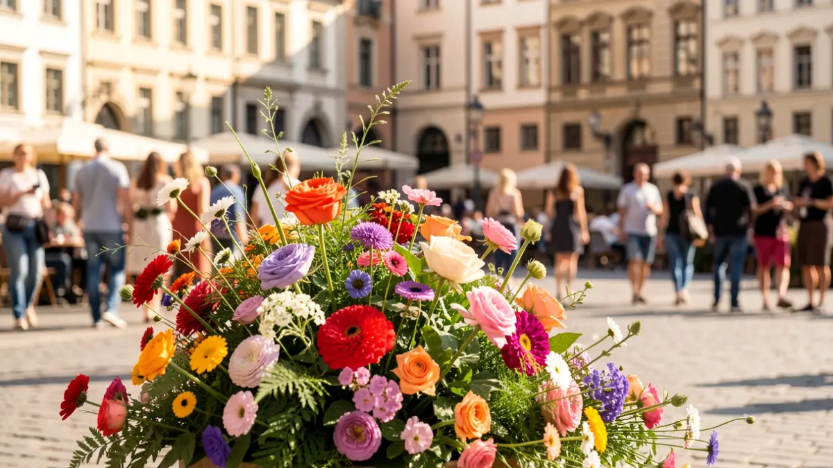 Imatge genèrica d'una exposició floral en una plaça de poble.