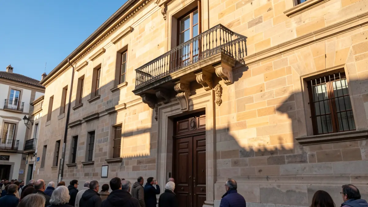 Imagen genérica de la fachada de un ayuntamiento de Catalunya con balcón y barandillas de hierro, luz cálida de tarde y cielo azul.