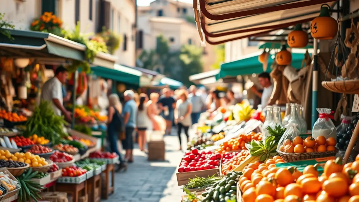Imagen genérica de una feria con puestos de productos locales y artesanía.