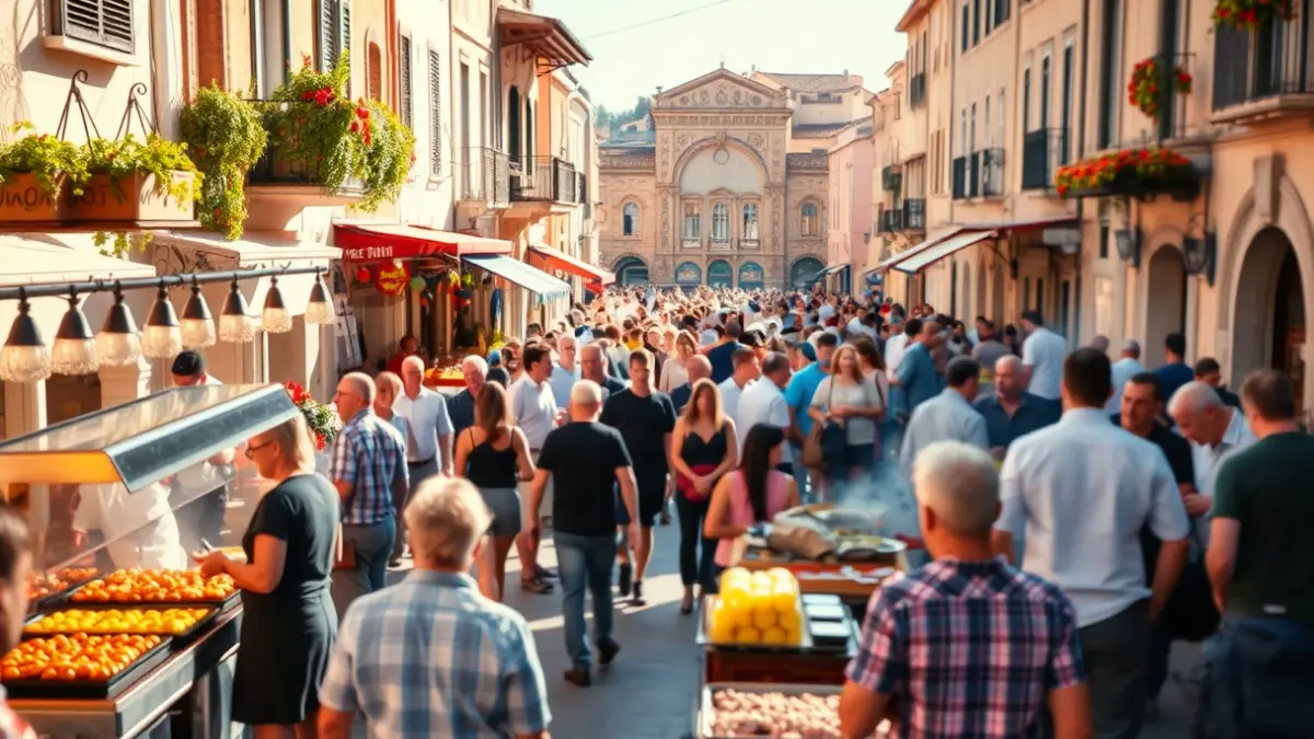 Image of a festive atmosphere with people cooking paellas in a town square.