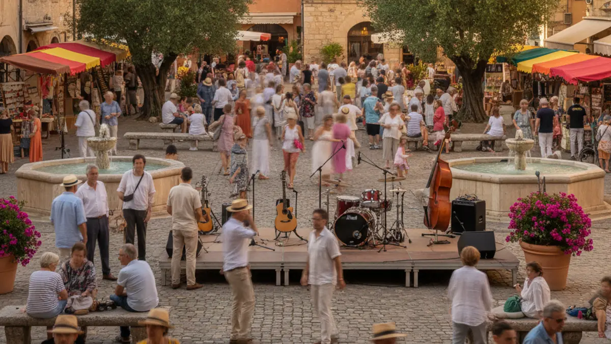 Image of a town square with activities and people, under a sunny sky.