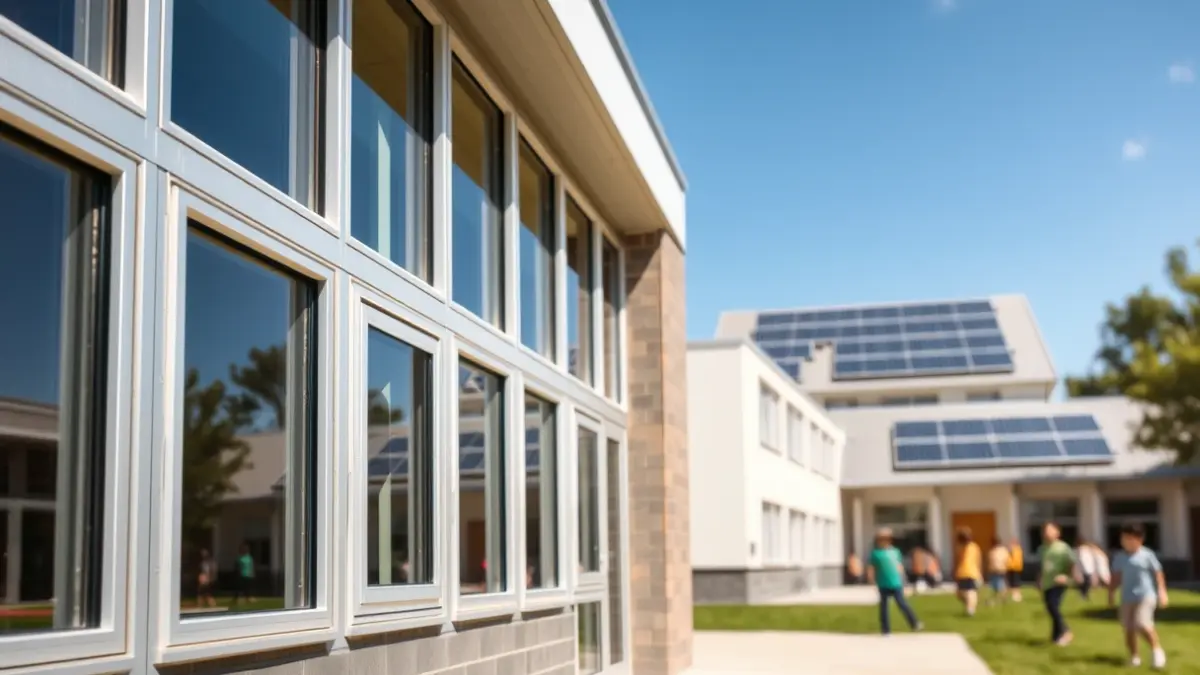Fachada de una escuela con ventanas nuevas y paneles solares