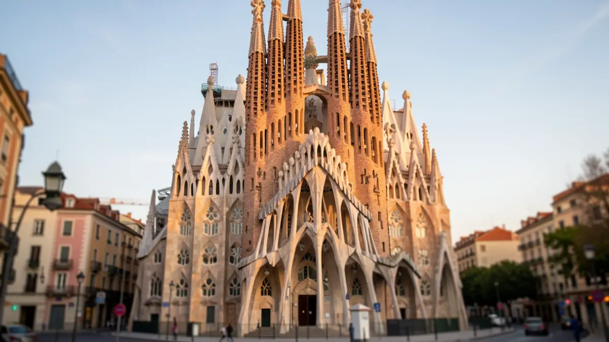 Imatge de la façana de la Sagrada Família a Barcelona amb llum càlida.