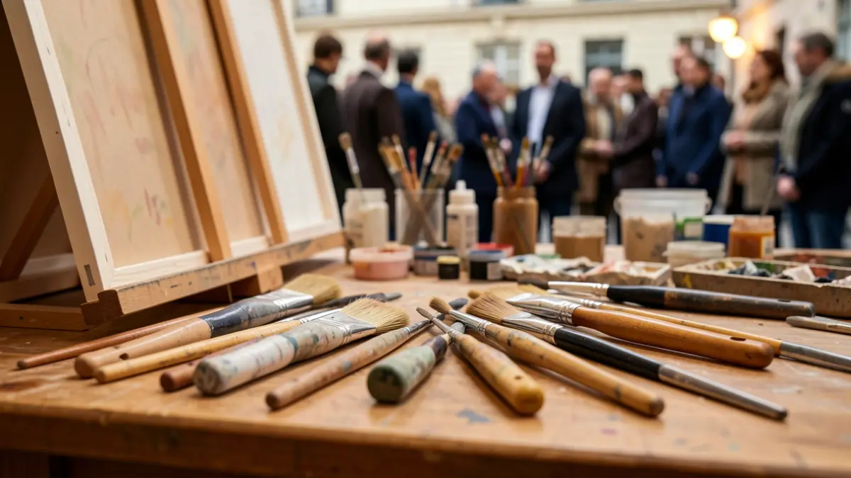 Imagen genérica de herramientas de arte y pinturas en un estudio.