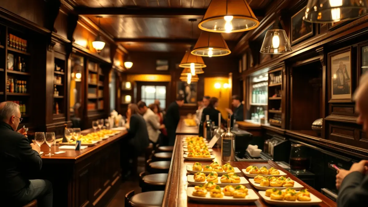 Interior de una taberna vasca con pintxos en la barra y ambiente acogedor