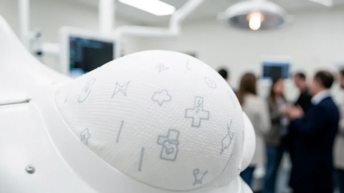 Generic image of breast implant texture with blurred medical symbols.
