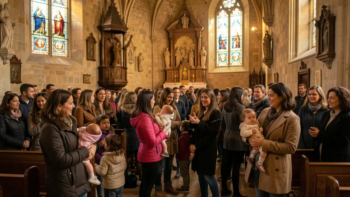 Imatge genèrica d'un grup de dones i nens reunits a l'interior d'una església històrica a Barcelona.