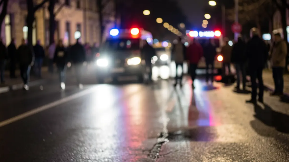 Imagen genérica de luces de emergencia reflejándose en asfalto mojado por la noche.