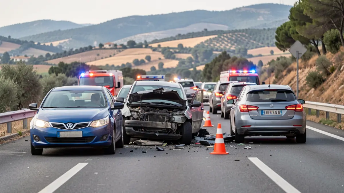 Imagen genérica de un accidente de tráfico múltiple en Cataluña con vehículos detenidos y señales de tráfico.
