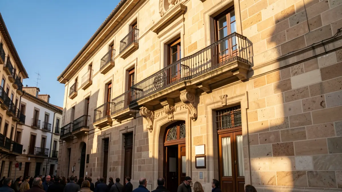 Generic image of a Catalan stone town hall facade with a balcony.