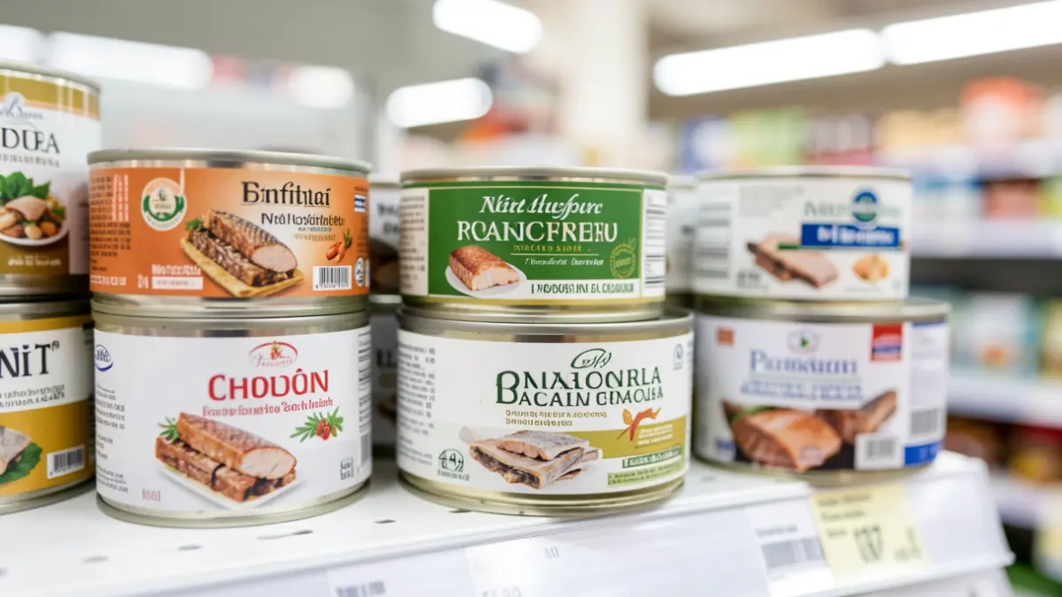 Imatge genèrica de llaunes de conserves de peix amb etiquetes detallades.