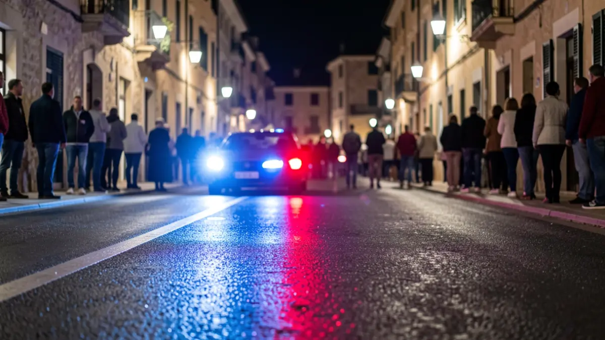 Imatge genèrica de llums d'emergència policials reflectint-se en asfalt mullat.