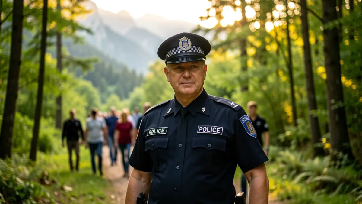 Catalan Rural Agent in a forest with mountains in the background.