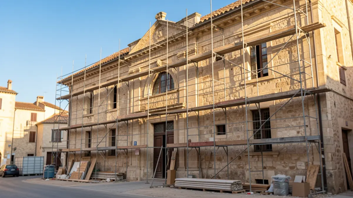 Former Civil Guard barracks in Agramunt undergoing renovation for social housing.
