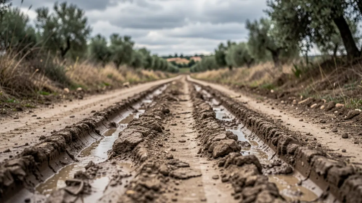 Imatge genèrica d'un camí rural malmès per la pluja.