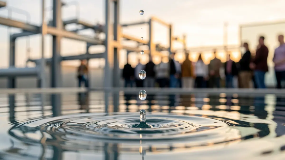 Water droplet falling into clear water with ripples.