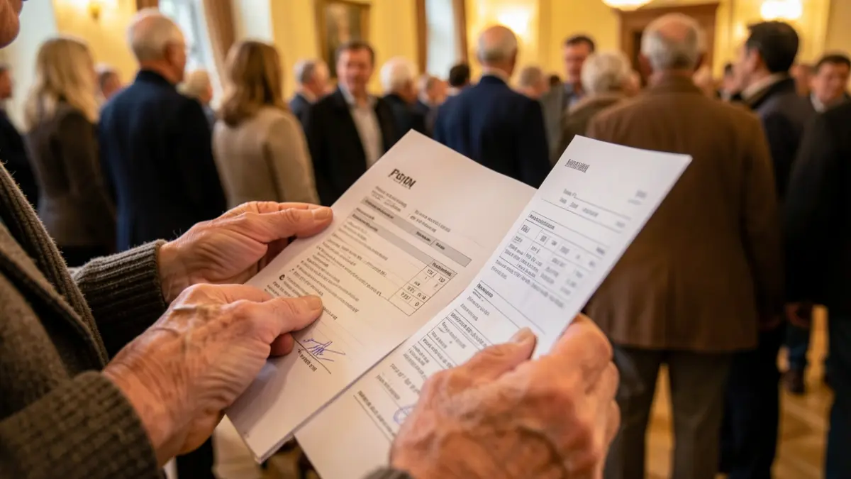 Imatge genèrica de mans d'una persona gran subjectant papers de pensió i contracte de lloguer.