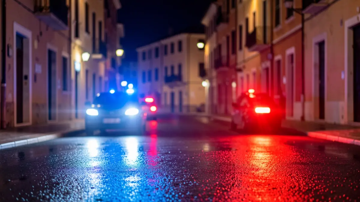 Imatge genèrica de llums d'emergència policials reflectint-se en asfalt mullat a la nit.