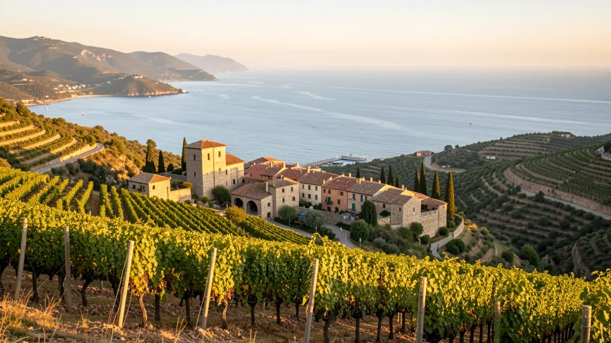 Vineyard overlooking the Mediterranean Sea and a Catalan village in Maresme.