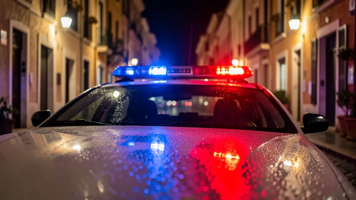Imagen genérica de luces de emergencia policiales reflejándose en asfalto mojado por la noche.