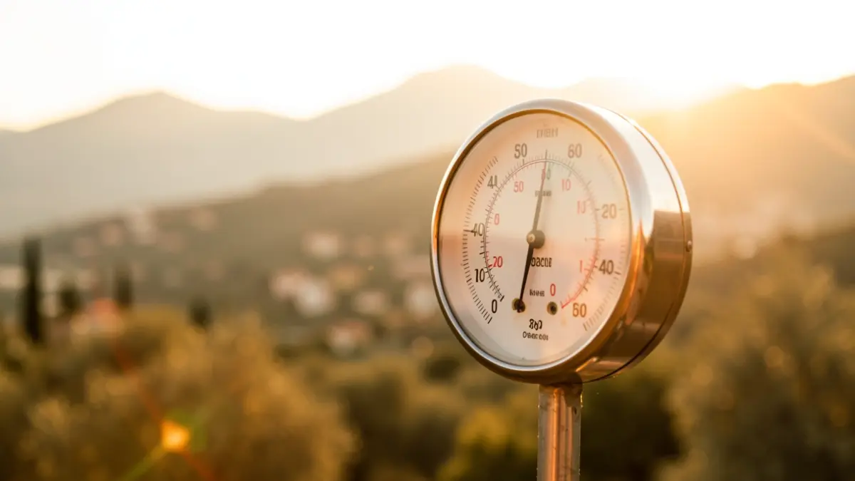 Generic image of extreme heat with a thermometer and Mediterranean landscape.