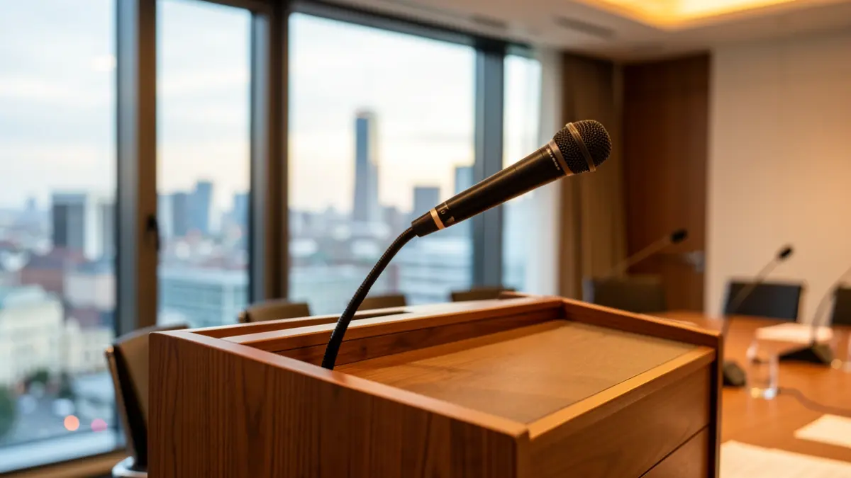 Generic image of a microphone on a podium with a city skyline in the background.