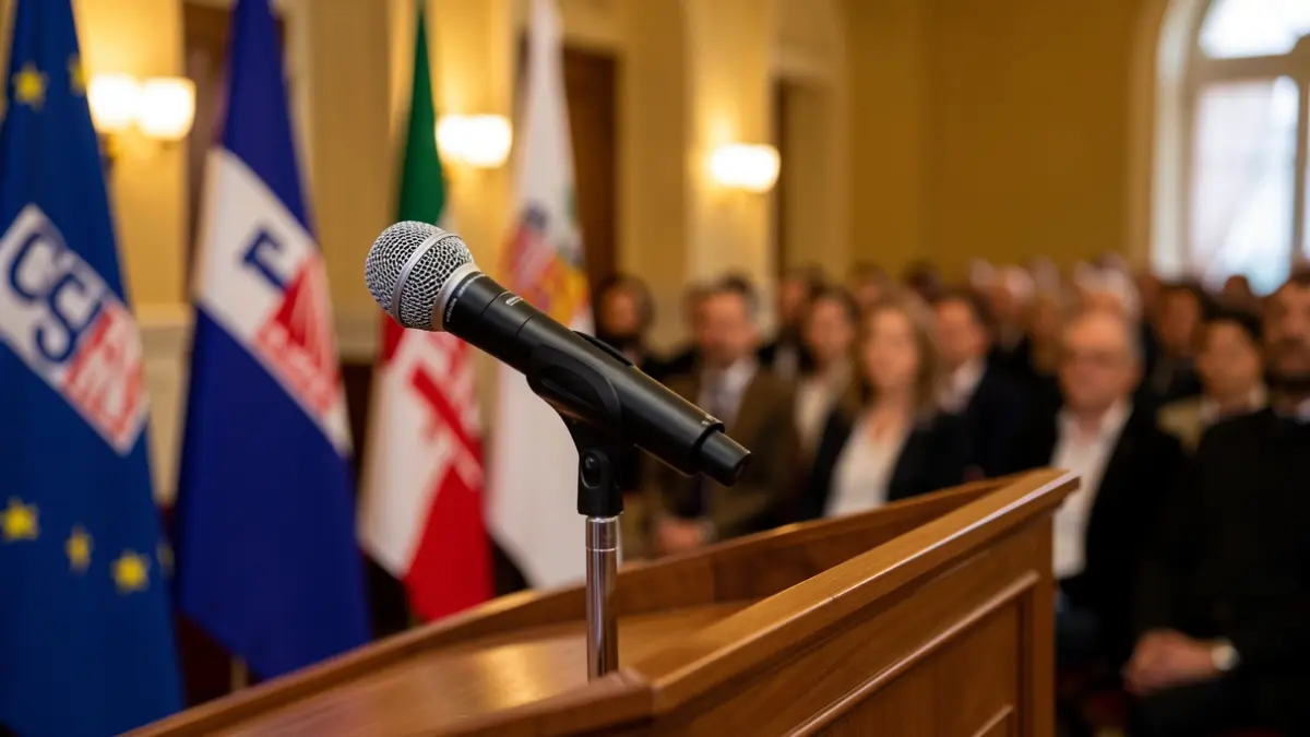 Generic image of a podium with microphones.