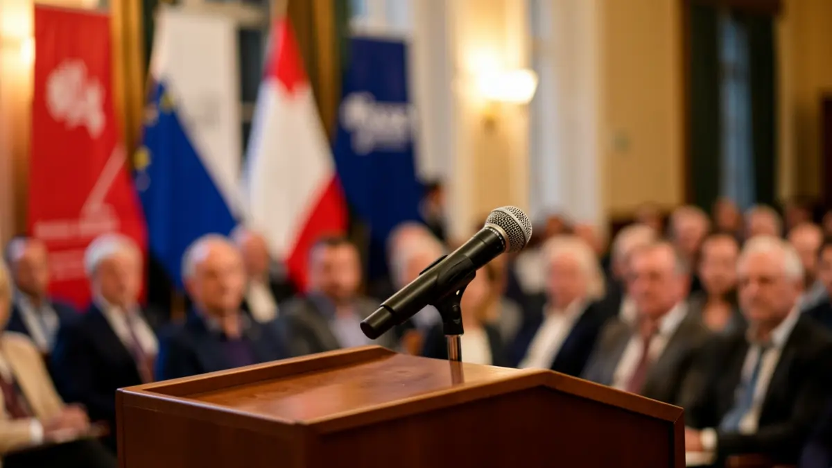 Generic image of a podium with a microphone.