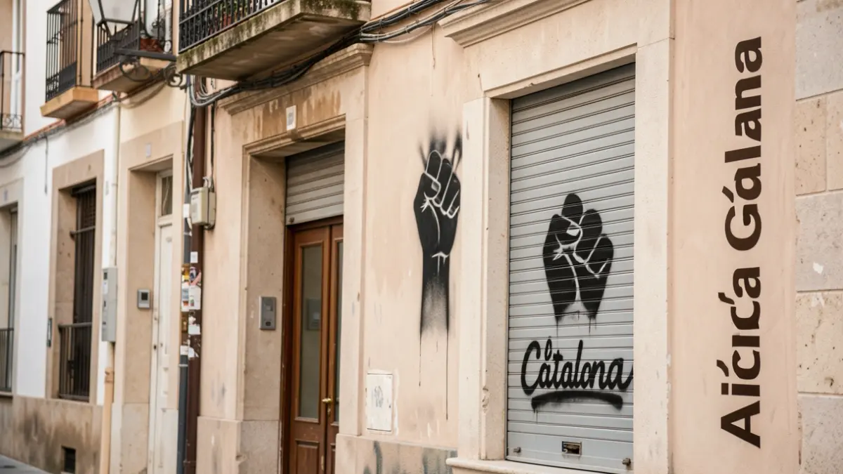 Fachada del Casal Panxo de Berga con pintadas y el nuevo letrero de Aliança Catalana.
