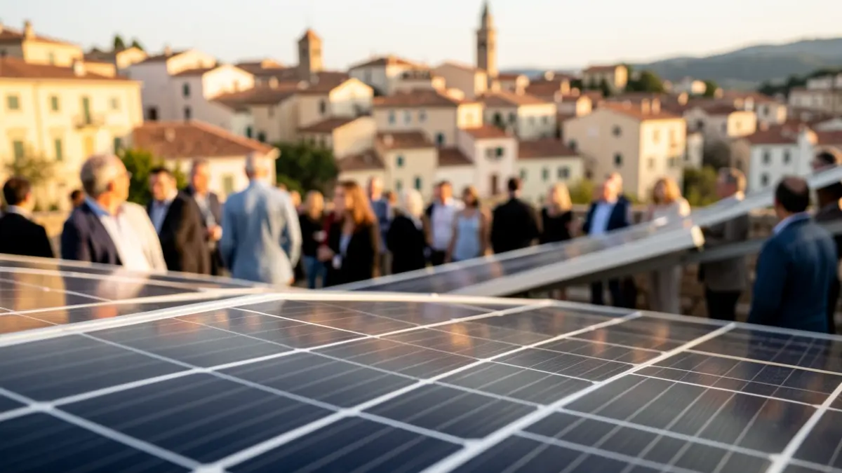 Generic image of solar panels with a Mediterranean town in the background.