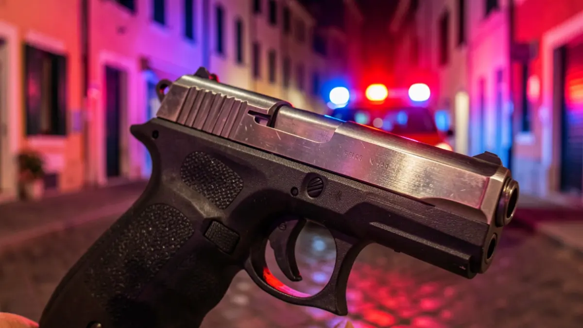 Imatge genèrica d'una pistola amb llums d'emergència al fons.