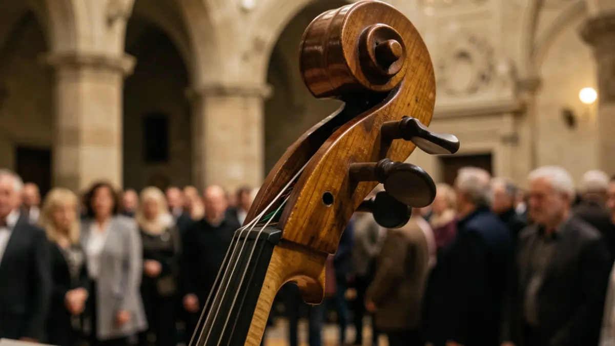 Close-up image of a cello with concert hall architecture in the background.